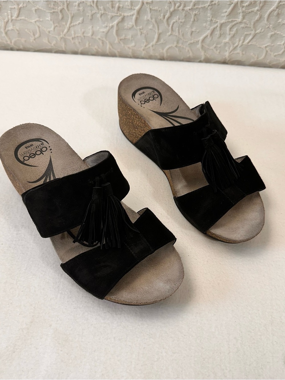 Black Suede Tassel Wedge Slide Sandals